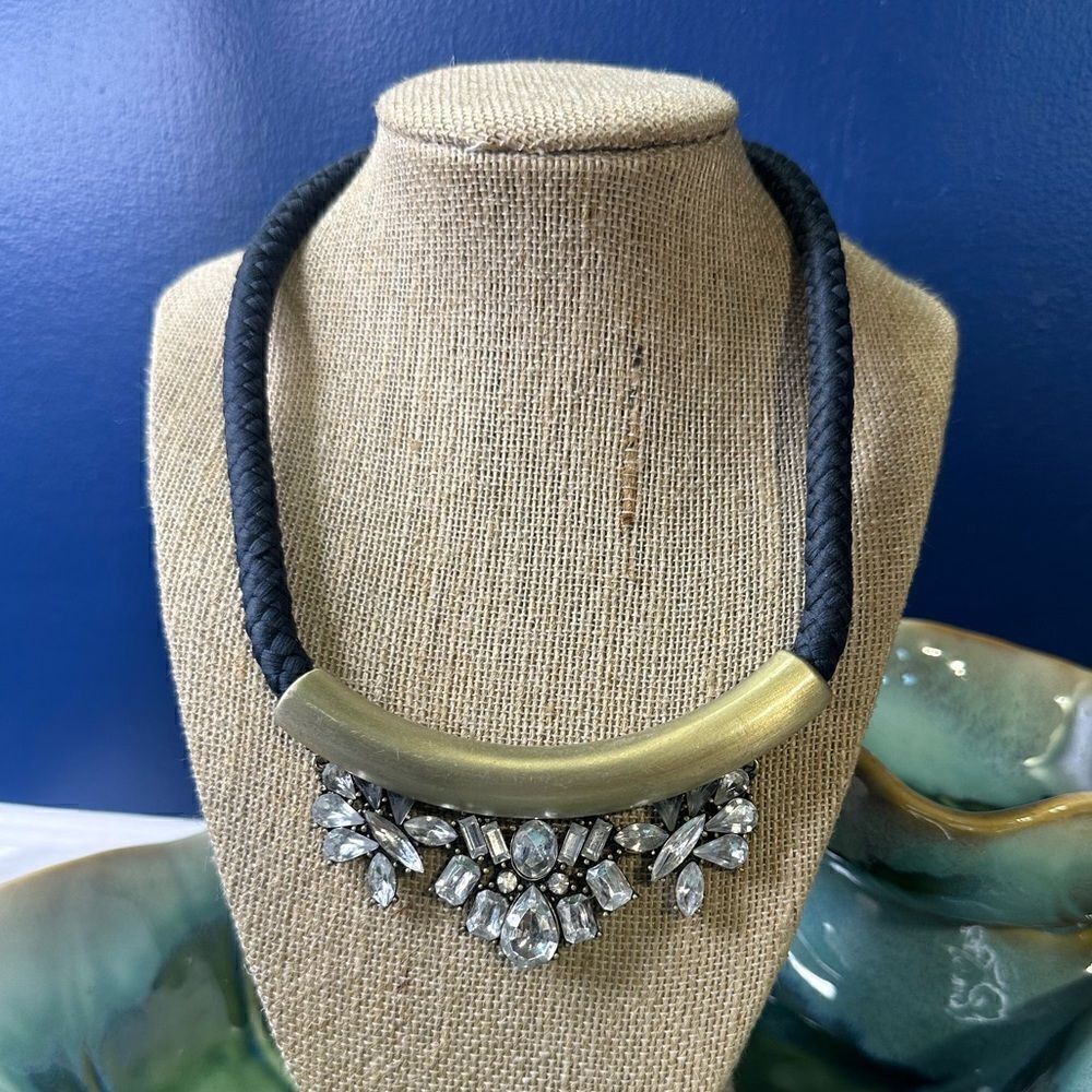Ann Taylor LOFT Vintage Bib Choker Necklace, Gold Tube Black Cord & Rhinestones